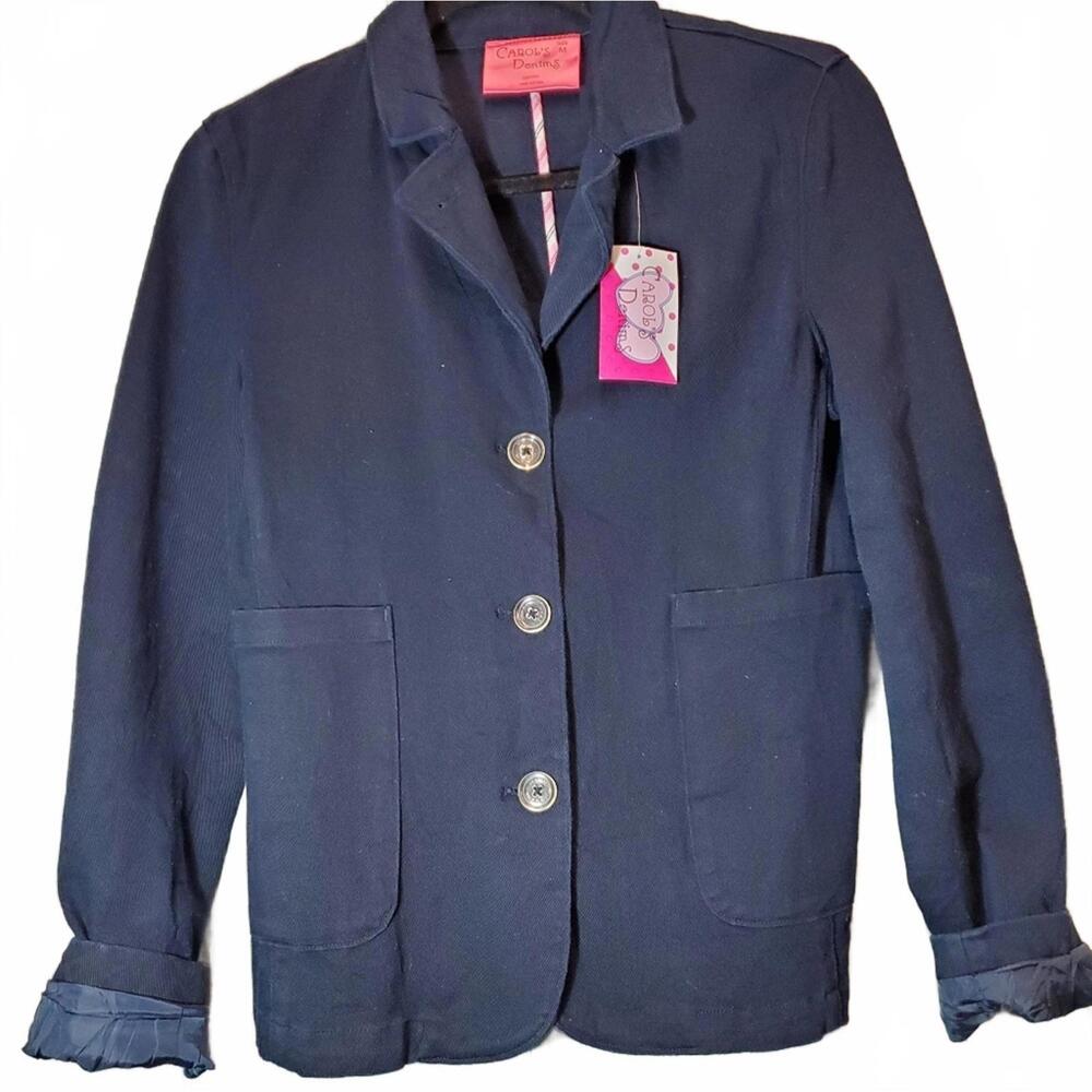 NWT CAROL'S DENIMS Navy Blue 100% Cotton Blazer Jacket Patch Pockets Classic